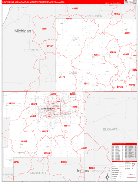 South Bend-Mishawaka Metro Area Digital Map Red Line Style